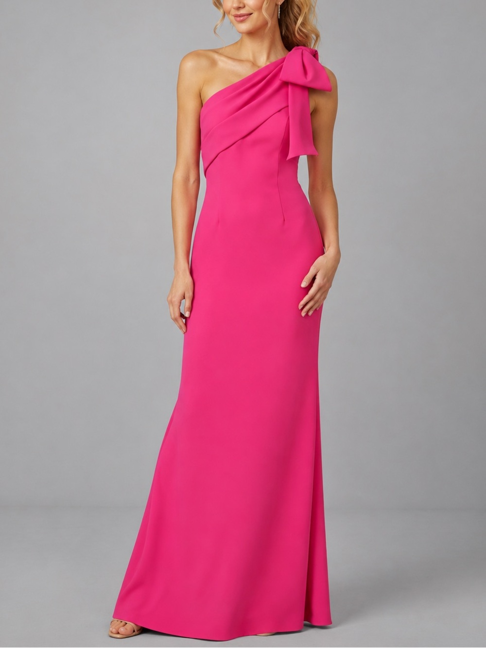 🆕💖Adrianna Papell Size 12 Hot Pink One-Shoulder Bow Stretch Crepe Maxi Gown